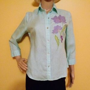 Edward Irish Linen blouse, pale blue beaded
